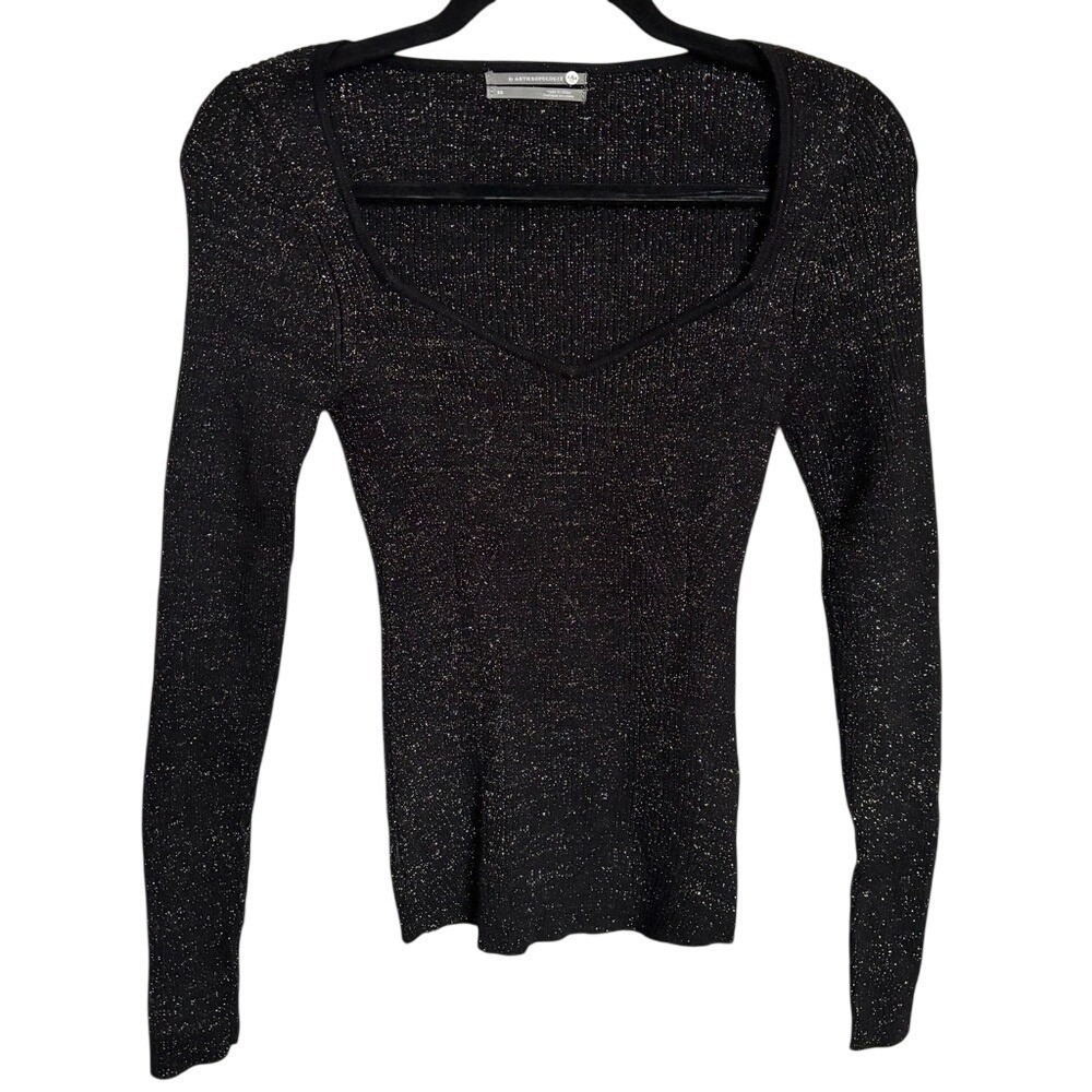 Anthropologie Black Gold Metallic Ribbed Sweetheart Long Sleeve Top Blouse XS - Picture 2 of 9